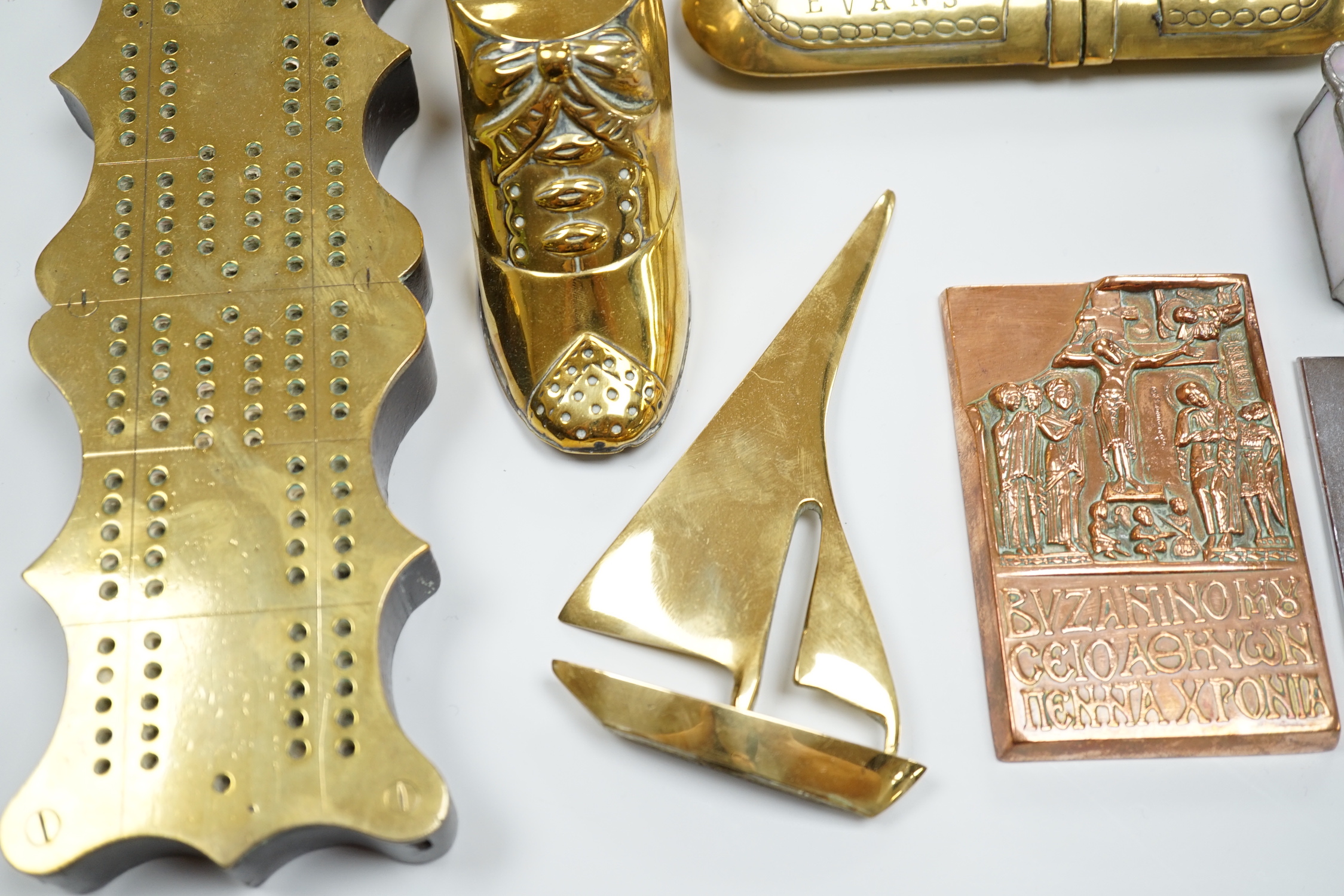 A group of assorted brass and other collectables, including a Welsh brass spectacle case inscribed Margaret Evans, Ferndale 1804